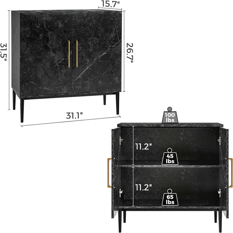 Two-Door Storage Sideboard Cabinet with Marble Pattern and Gold Handles