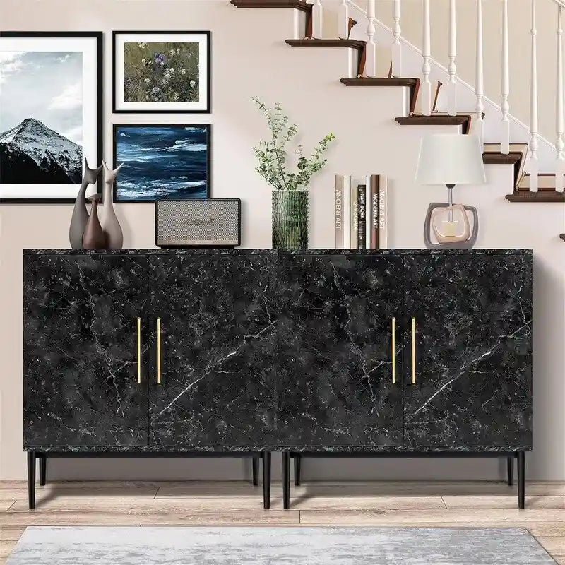 Two-Door Storage Sideboard Cabinet with Marble Pattern and Gold Handles