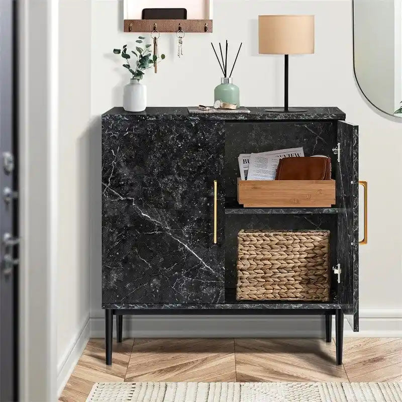 Two-Door Storage Sideboard Cabinet with Marble Pattern and Gold Handles