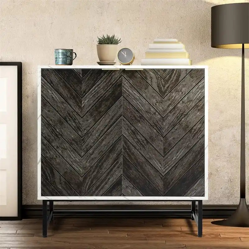 Two-Door Storage Sideboard Cabinet with Marble Pattern and Gold Handles