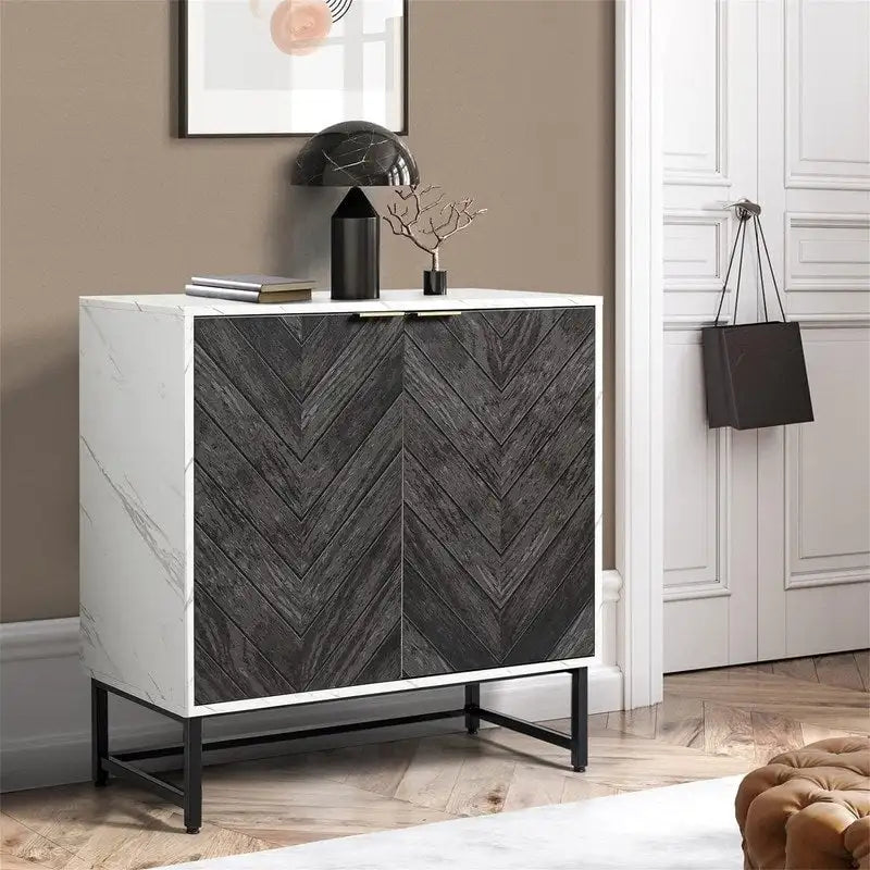 Two-Door Storage Sideboard Cabinet with Marble Pattern and Gold Handles