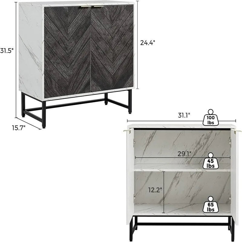 Two-Door Storage Sideboard Cabinet with Marble Pattern and Gold Handles