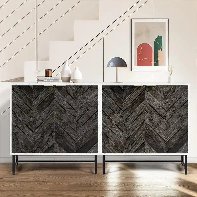 Two-Door Storage Sideboard Cabinet with Marble Pattern and Gold Handles