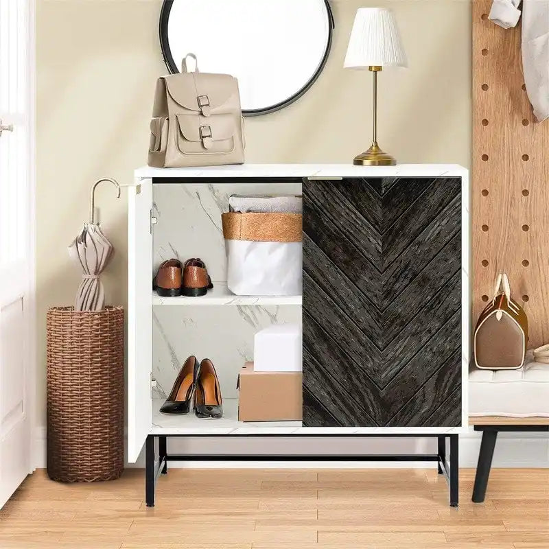 Two-Door Storage Sideboard Cabinet with Marble Pattern and Gold Handles