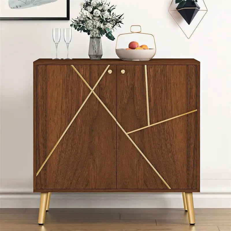 Two-Door Storage Sideboard Cabinet with Marble Pattern and Gold Handles