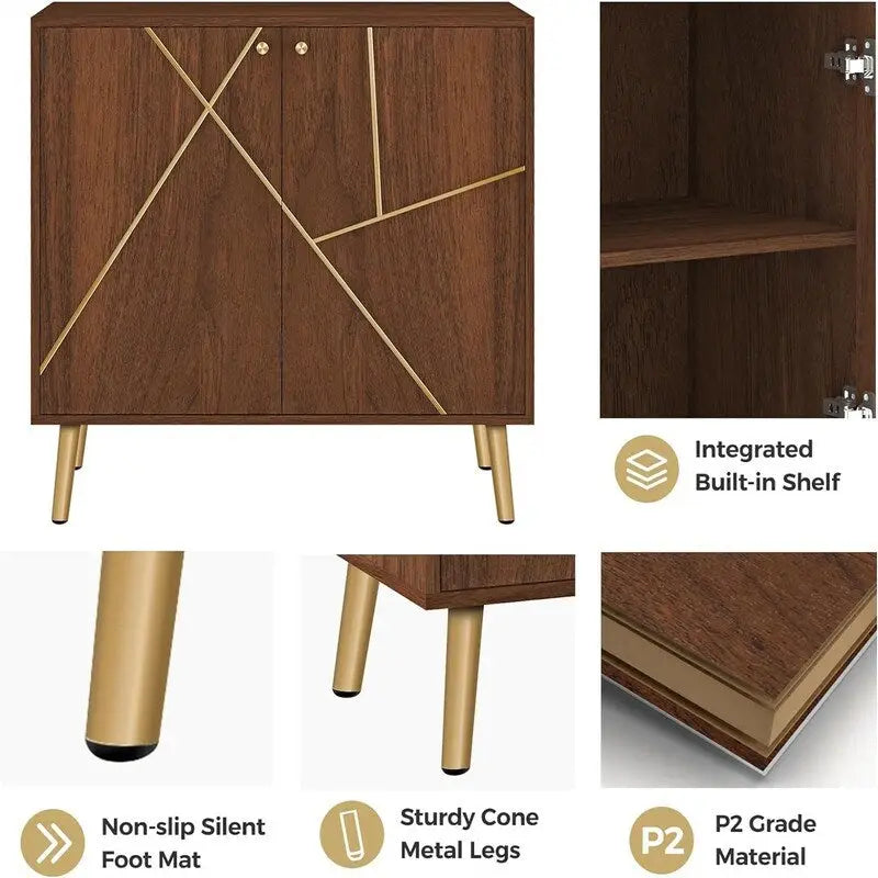 Two-Door Storage Sideboard Cabinet with Marble Pattern and Gold Handles