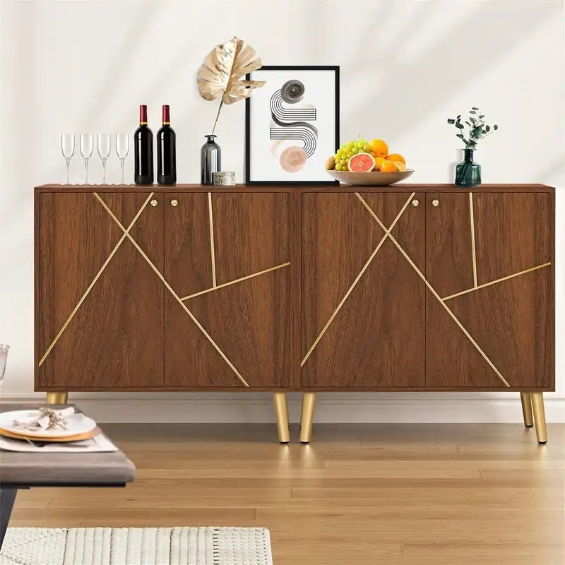 Two-Door Storage Sideboard Cabinet with Marble Pattern and Gold Handles