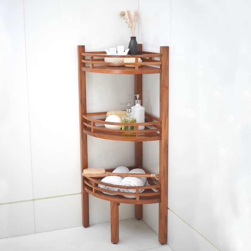 Solid Teak Wood 3-Tier Corner Shelf with Arched Rails and Medium Brown Finish