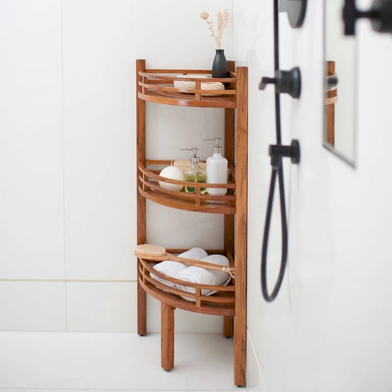 Solid Teak Wood 3-Tier Corner Shelf with Arched Rails and Medium Brown Finish