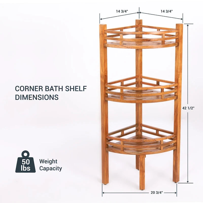Solid Teak Wood 3-Tier Corner Shelf with Arched Rails and Medium Brown Finish