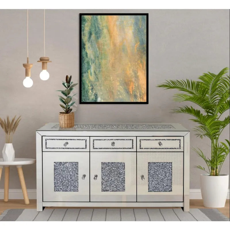 Mirrored Sideboard Cabinet with 3 Drawers Diamond Inlay Crystal Knobs
