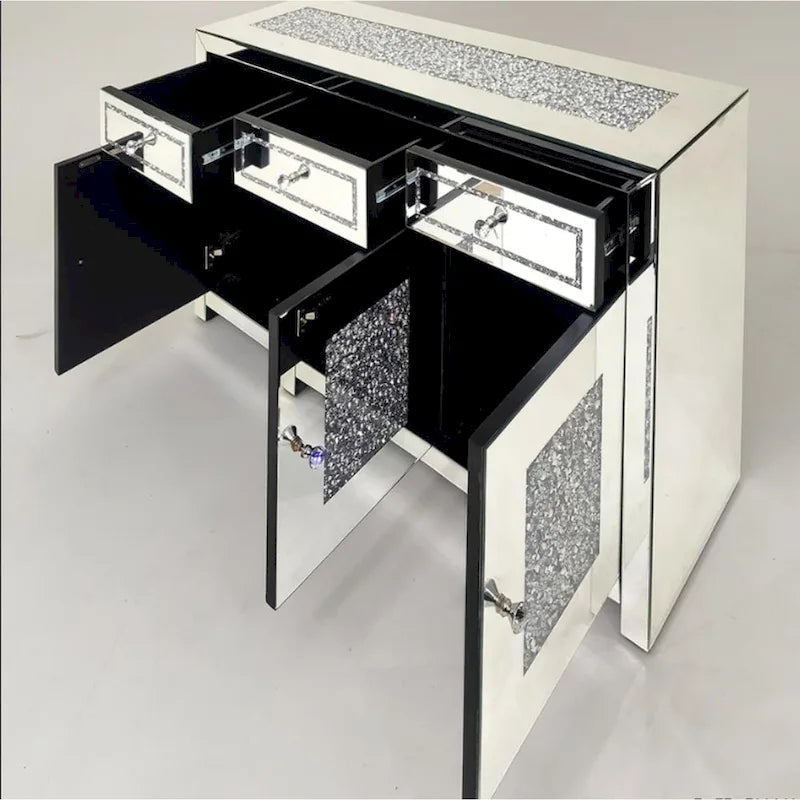Credenza a specchio con 3 cassetti, intarsio a diamante e pomelli in cristallo