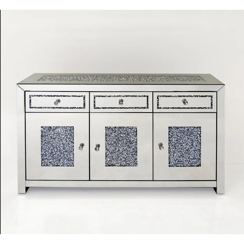 Credenza a specchio con 3 cassetti, intarsio a diamante e pomelli in cristallo