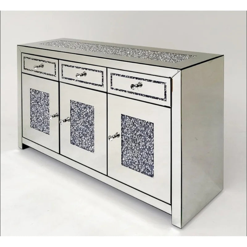 Credenza a specchio con 3 cassetti, intarsio a diamante e pomelli in cristallo