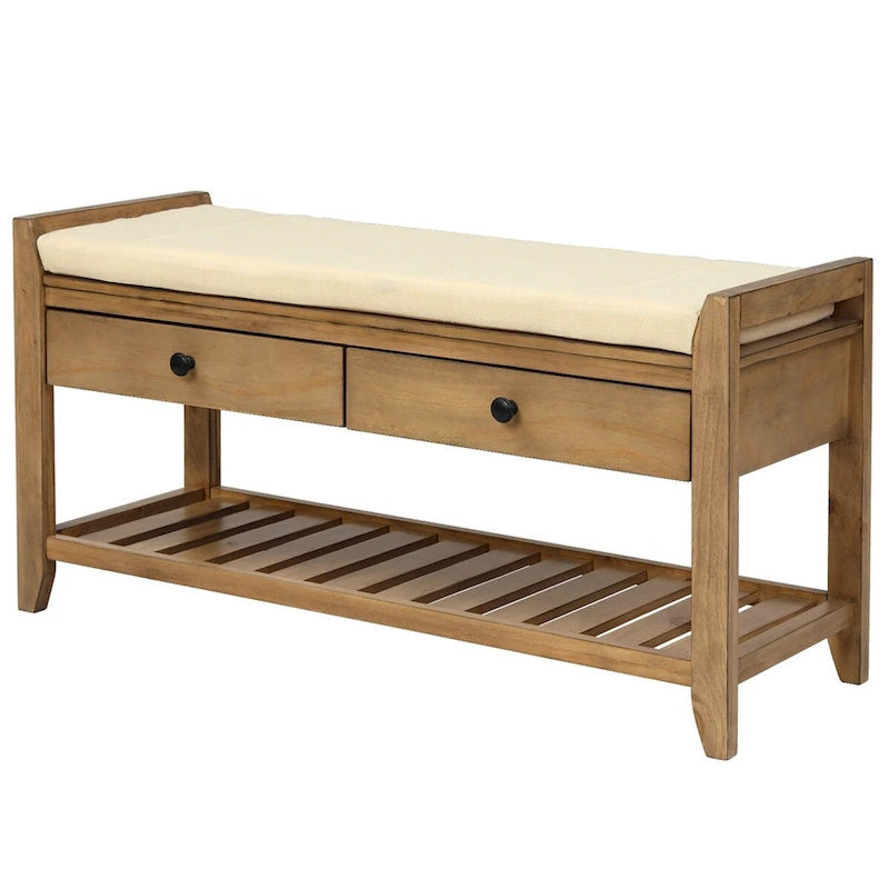 Entryway Storage Bench with Cushioned Seat 2 Drawers and Open Slatted Shoe Rack in Distressed Pine