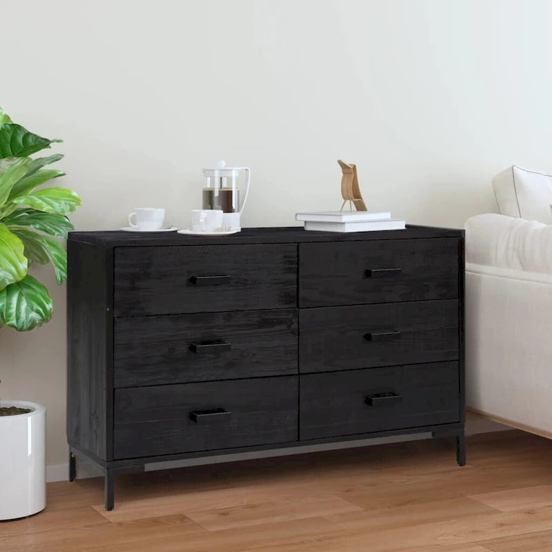 6-Drawer Solid Pine Wood Sideboard Dresser with Black Metal Bar Pulls and Industrial Metal Legs
