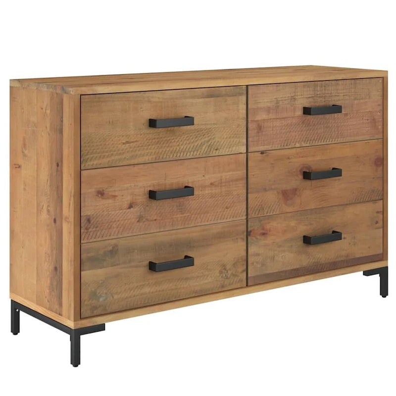 6-Drawer Solid Pine Wood Sideboard Dresser with Black Metal Bar Pulls and Industrial Metal Legs