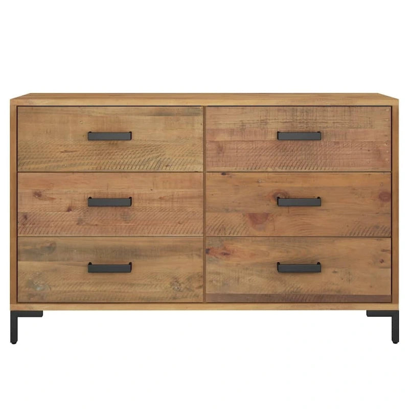 6-Drawer Solid Pine Wood Sideboard Dresser with Black Metal Bar Pulls and Industrial Metal Legs