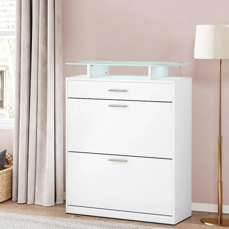 Shoe Storage Cabinet with Glass Top LED Light 2 Flip Drawers and 1 Standard Drawer