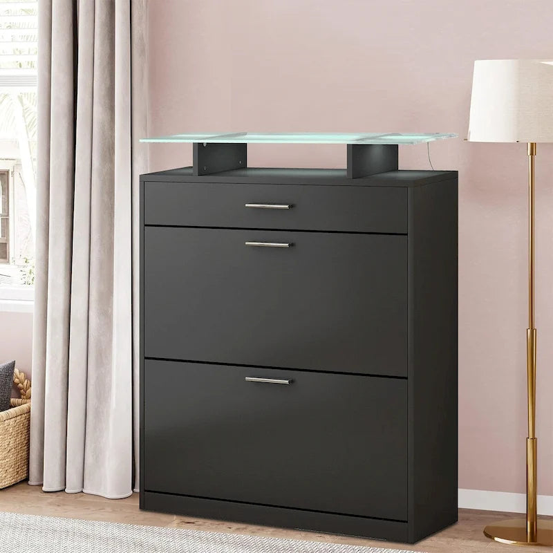 Shoe Storage Cabinet with Glass Top LED Light 2 Flip Drawers and 1 Standard Drawer
