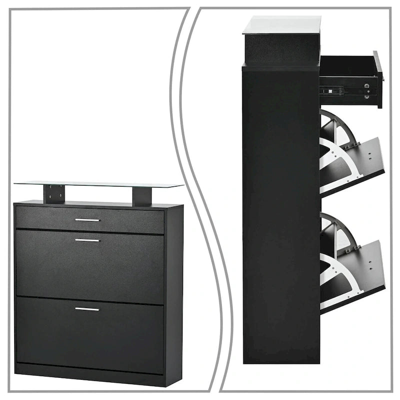 Shoe Storage Cabinet with Glass Top LED Light 2 Flip Drawers and 1 Standard Drawer