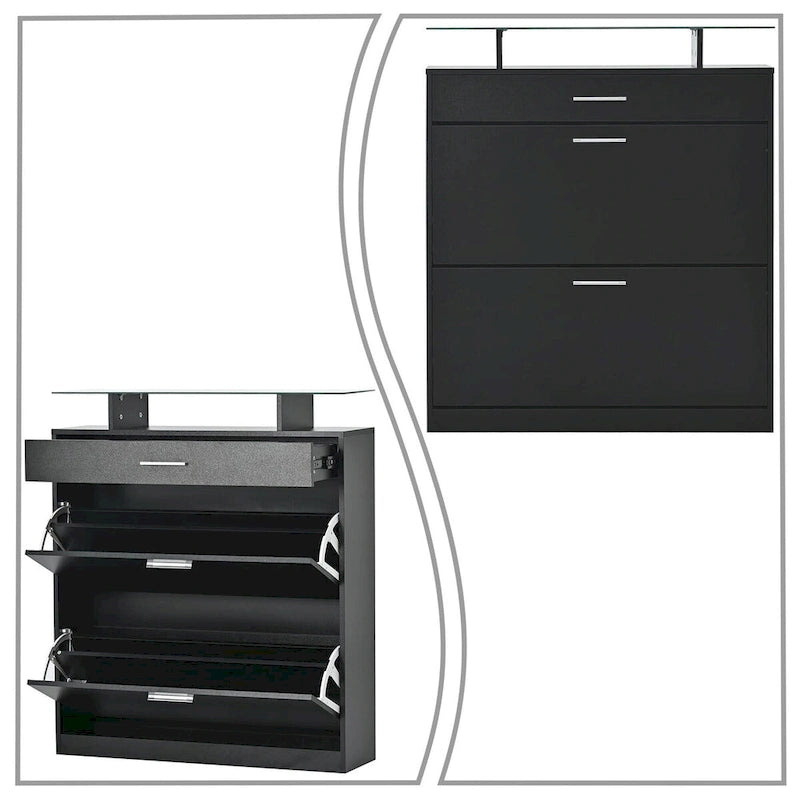 Shoe Storage Cabinet with Glass Top LED Light 2 Flip Drawers and 1 Standard Drawer
