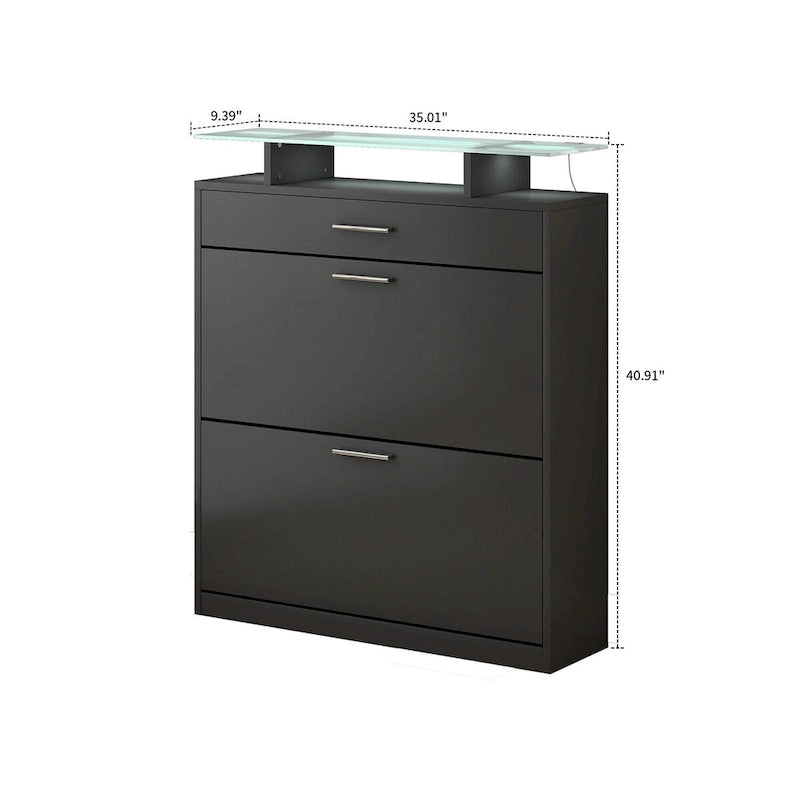 Shoe Storage Cabinet with Glass Top LED Light 2 Flip Drawers and 1 Standard Drawer