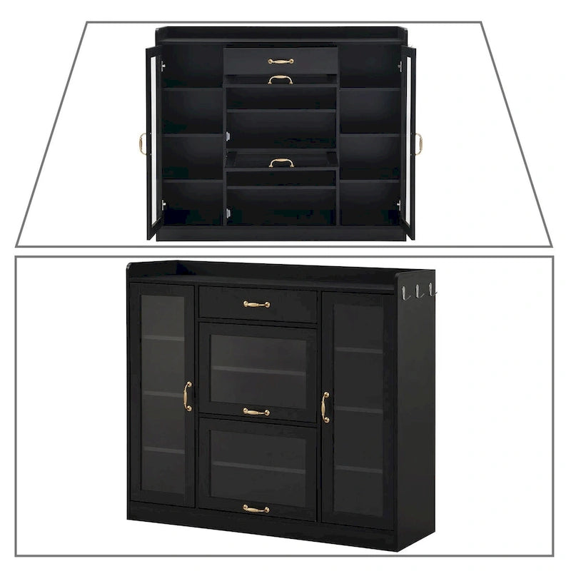 Shoe Storage Cabinet with Glass Doors 1 Drawer 3 Hooks and Gold Handles 16-Pair Capacity