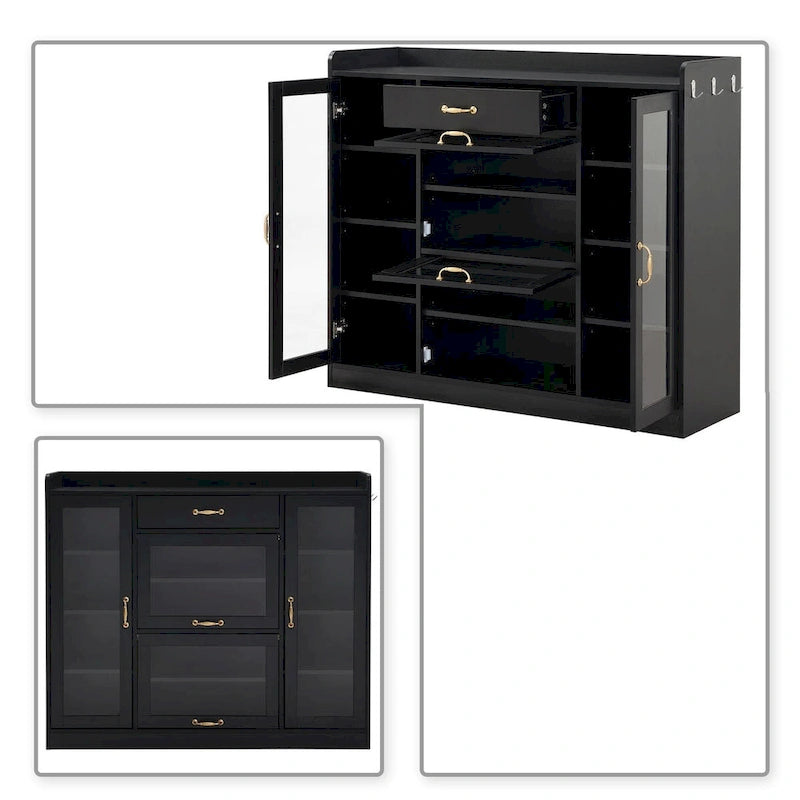 Shoe Storage Cabinet with Glass Doors 1 Drawer 3 Hooks and Gold Handles 16-Pair Capacity
