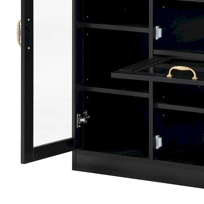 Shoe Storage Cabinet with Glass Doors 1 Drawer 3 Hooks and Gold Handles 16-Pair Capacity