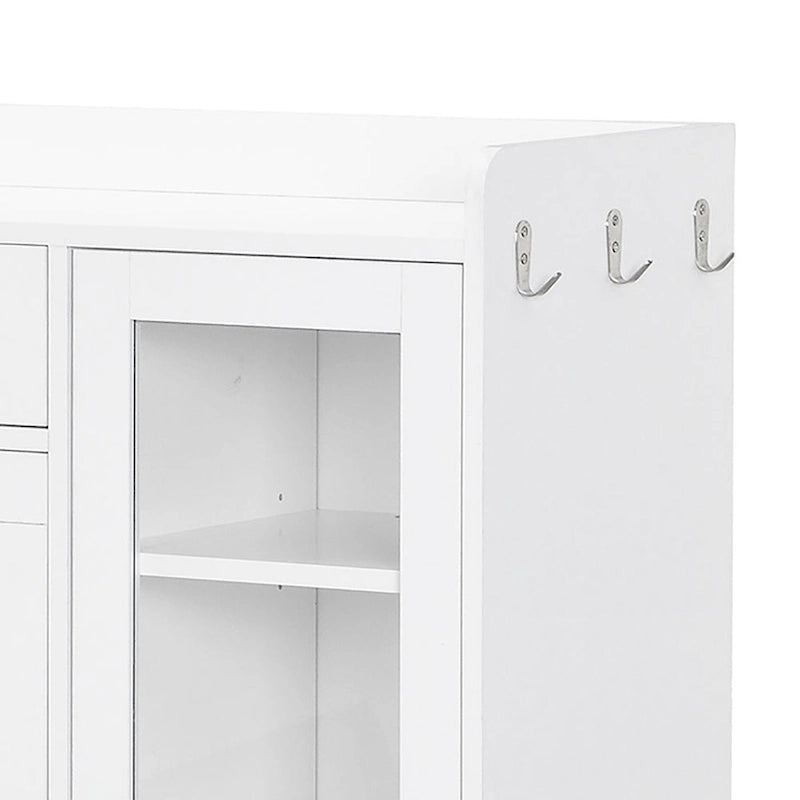 Schuhschrank mit Glastüren, 1 Schublade, 3 Haken und goldfarbenen Griffen, Kapazität für 16 Paar