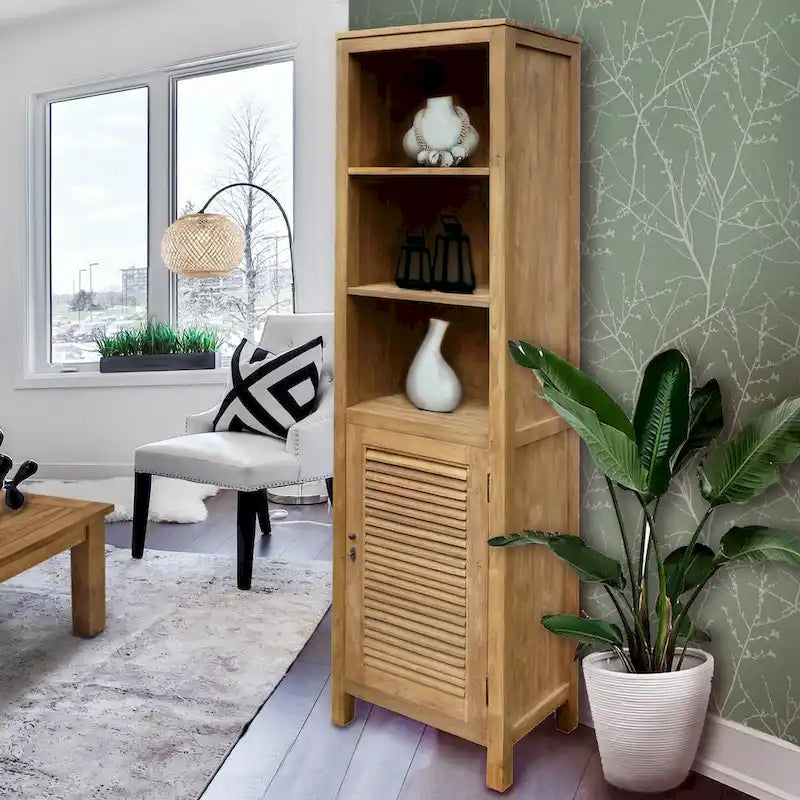 79 Inch Tall Recycled Grade A Teak Cabinet with 3 Open Shelves Louvered Door Half-Mortise Lock and Fully Assembled