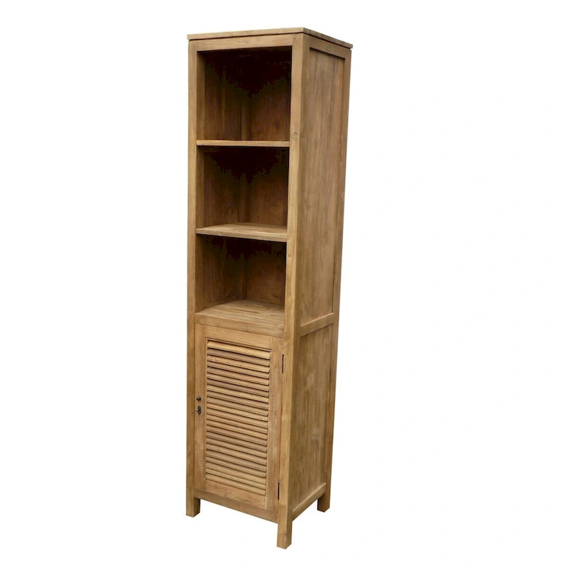 79 Inch hoher Schrank aus recyceltem Teakholz der Güteklasse A mit 3 offenen Regalböden, Lamellentür, halb eingelassenem Schloss und vollständig montiert