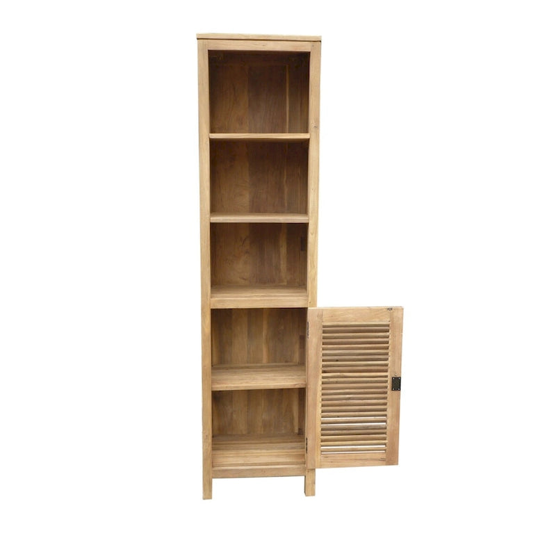 79 Inch hoher Schrank aus recyceltem Teakholz der Güteklasse A mit 3 offenen Regalböden, Lamellentür, halb eingelassenem Schloss und vollständig montiert