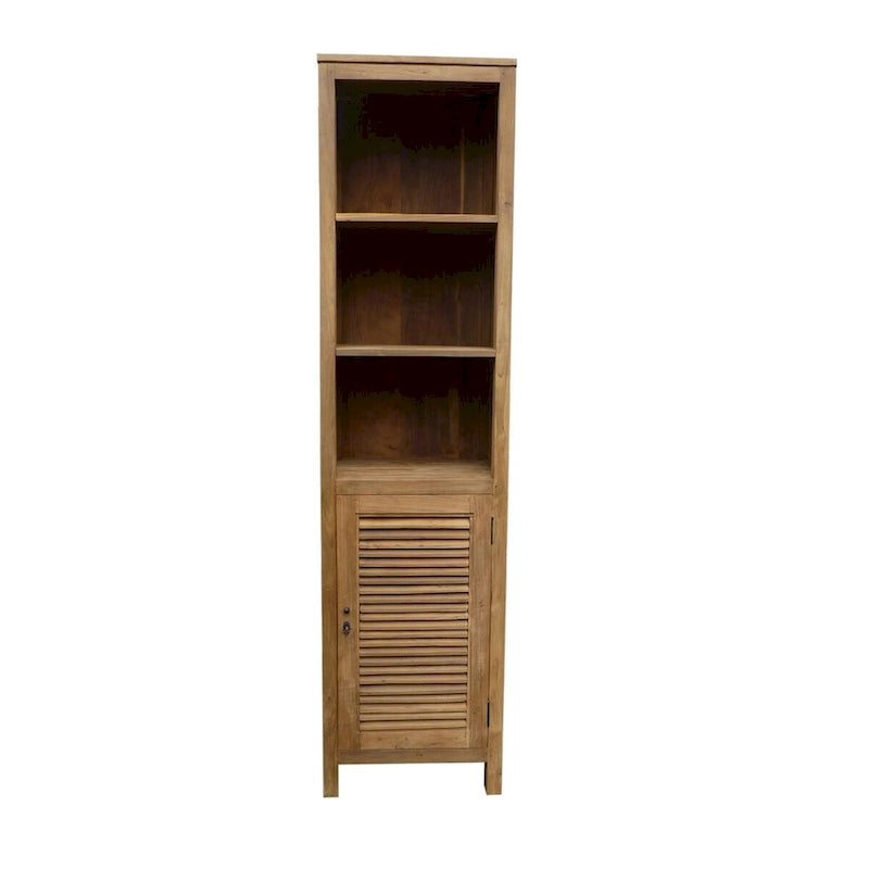 79 Inch Tall Recycled Grade A Teak Cabinet with 3 Open Shelves Louvered Door Half-Mortise Lock and Fully Assembled