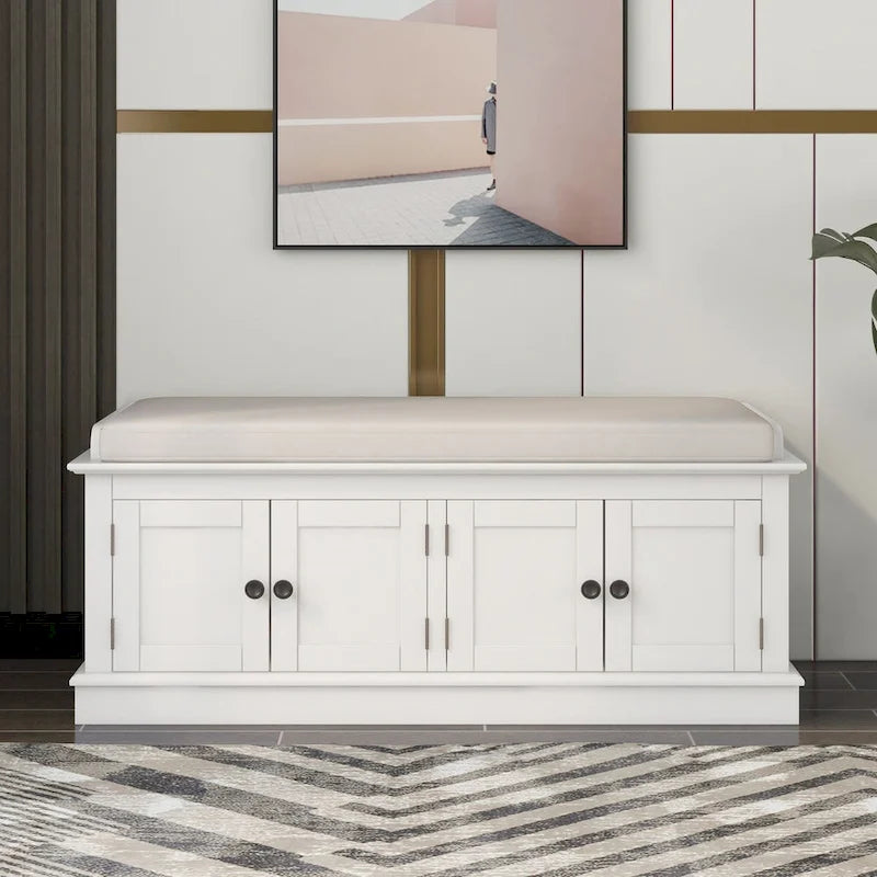 Entryway Storage Bench with 4 Cabinet Doors Adjustable Shelves and Removable Linen Cushion