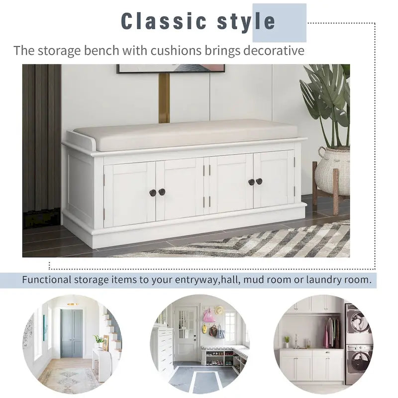Aufbewahrungsbank für den Eingangsbereich mit 4 Schranktüren, verstellbaren Einlegeböden und abnehmbarem Leinenpolster