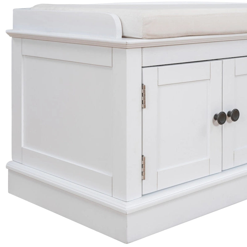 Aufbewahrungsbank für den Eingangsbereich mit 4 Schranktüren, verstellbaren Einlegeböden und abnehmbarem Leinenpolster