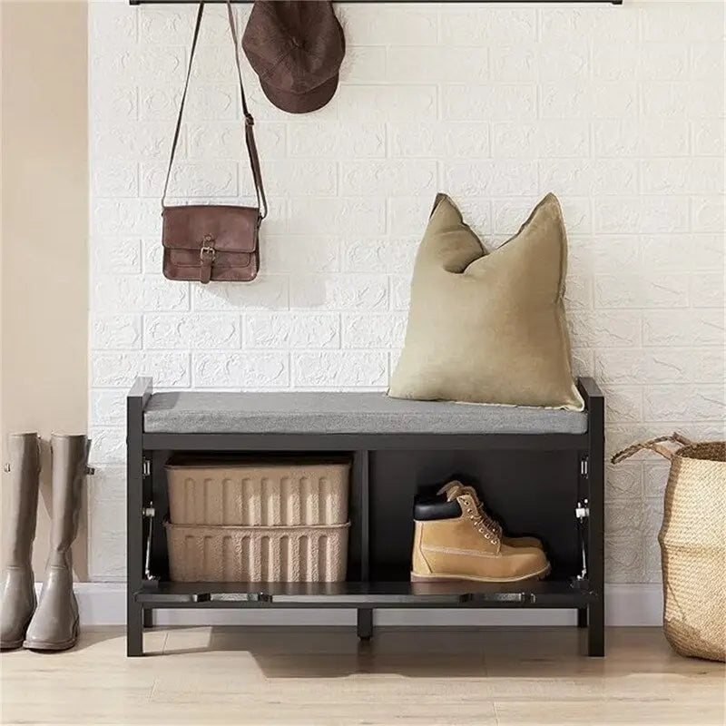 Entryway Storage Bench with Flip-Down Door Removable Padded Cushion and Wood Legs