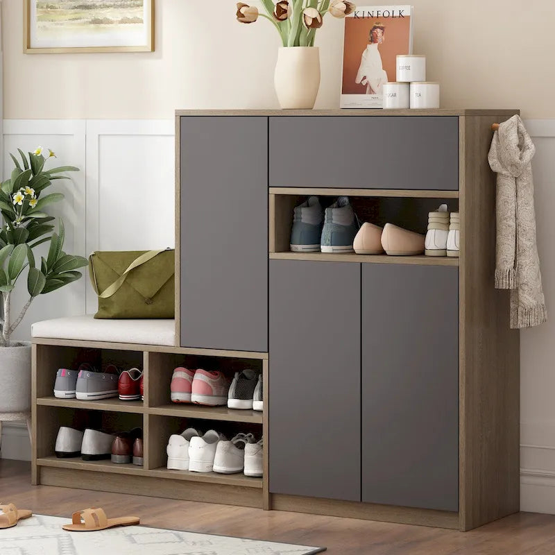 Shoe Storage Cabinet with Padded Bench Seat Adjustable Shelves and Drawer