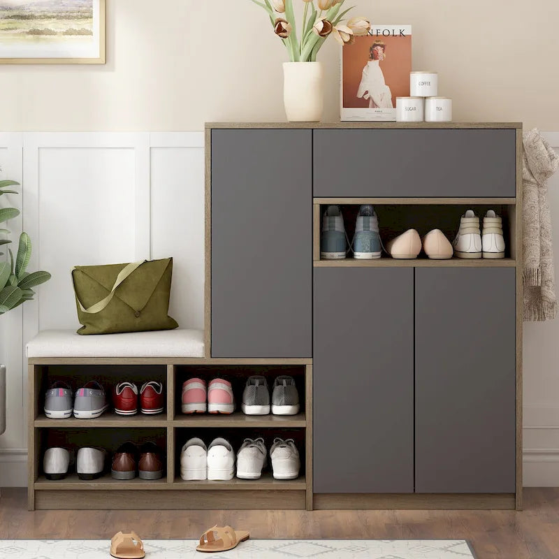 Shoe Storage Cabinet with Padded Bench Seat Adjustable Shelves and Drawer