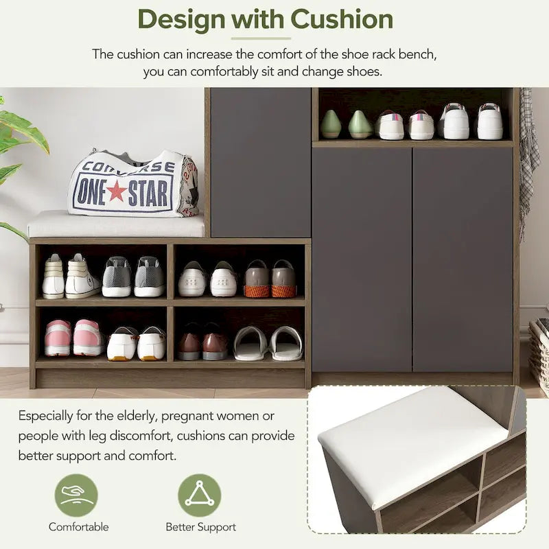 Shoe Storage Cabinet with Padded Bench Seat Adjustable Shelves and Drawer