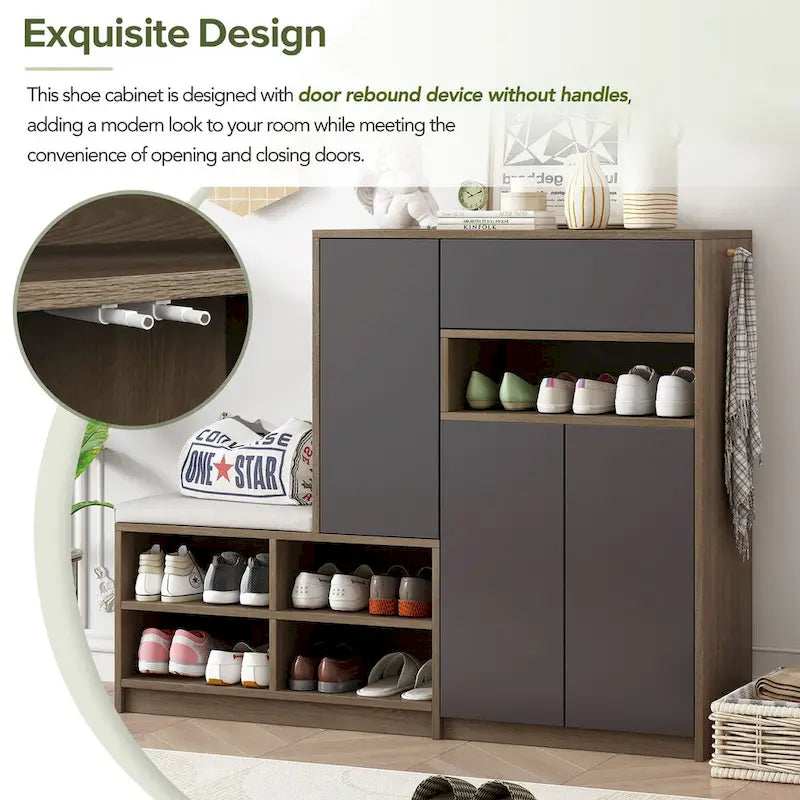 Shoe Storage Cabinet with Padded Bench Seat Adjustable Shelves and Drawer