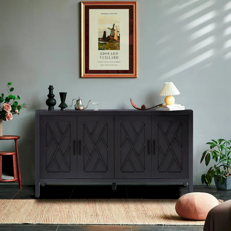 4-Door Sideboard Buffet Cabinet with Diamond X-Pattern Panels Charred Fir Wood and Wax Finish