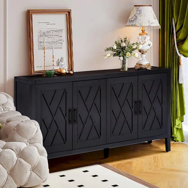 4-Door Sideboard Buffet Cabinet with Diamond X-Pattern Panels Charred Fir Wood and Wax Finish