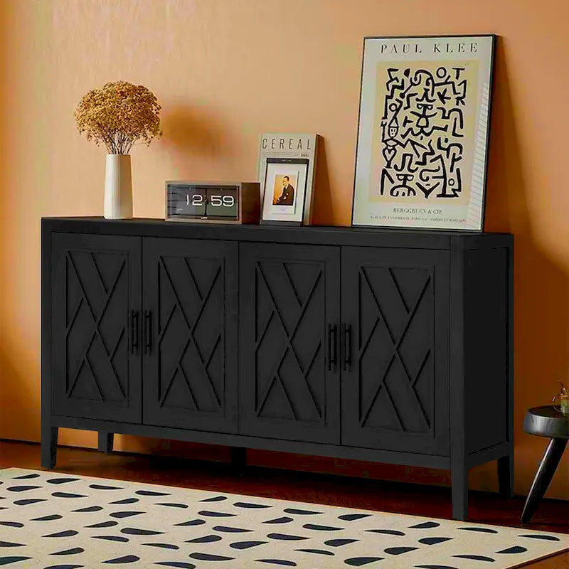 Sideboard mit 4 Türen, Buffet-Schrank, Paneelen mit Rauten-X-Muster, verkohltem Tannenholz und Wachsfinish