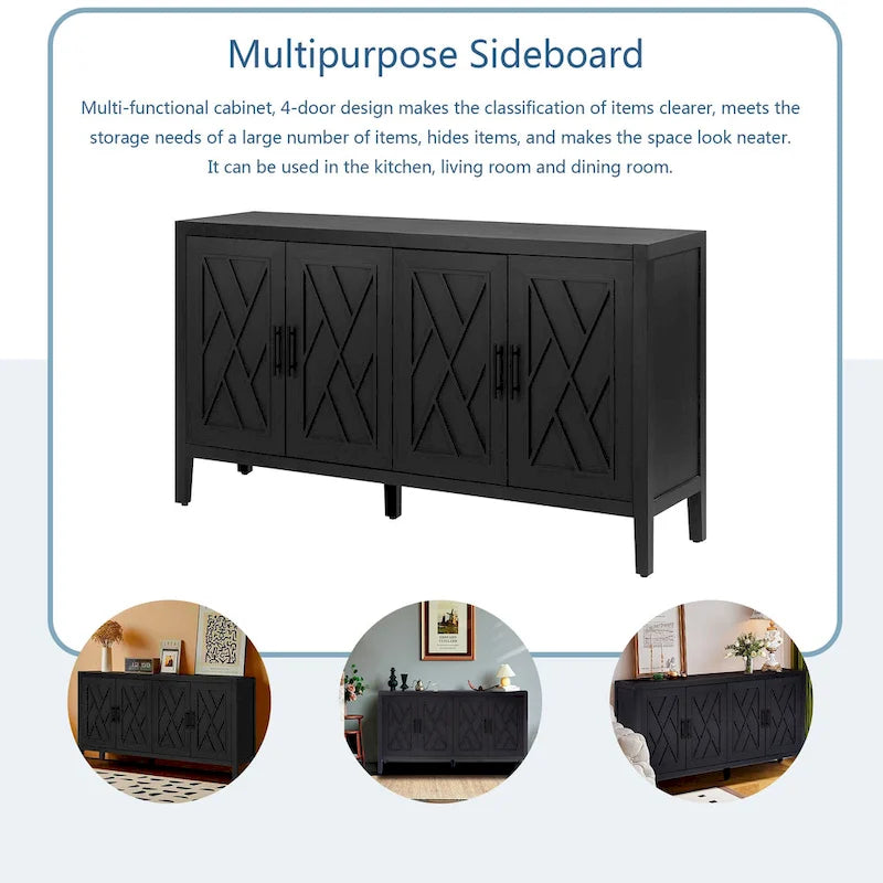 4-Door Sideboard Buffet Cabinet with Diamond X-Pattern Panels Charred Fir Wood and Wax Finish