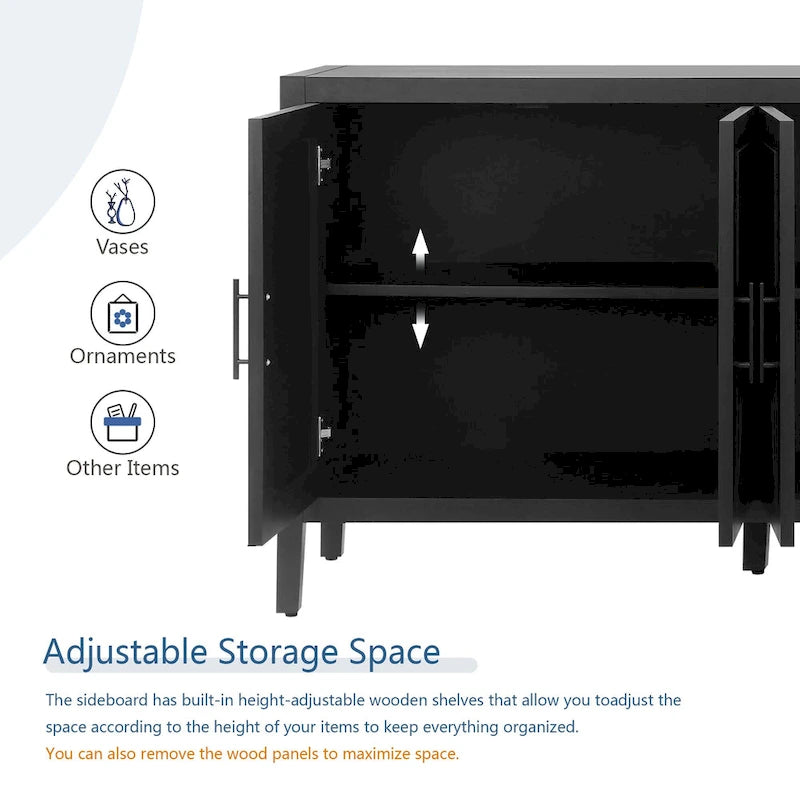 4-Door Sideboard Buffet Cabinet with Diamond X-Pattern Panels Charred Fir Wood and Wax Finish