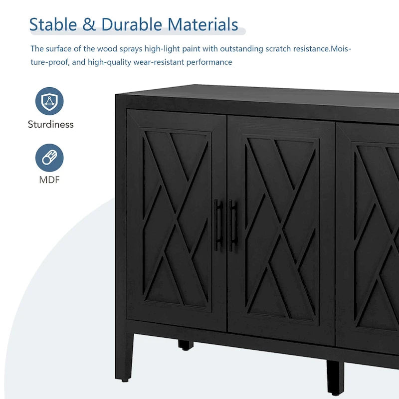 Sideboard mit 4 Türen, Buffet-Schrank, Paneelen mit Rauten-X-Muster, verkohltem Tannenholz und Wachsfinish