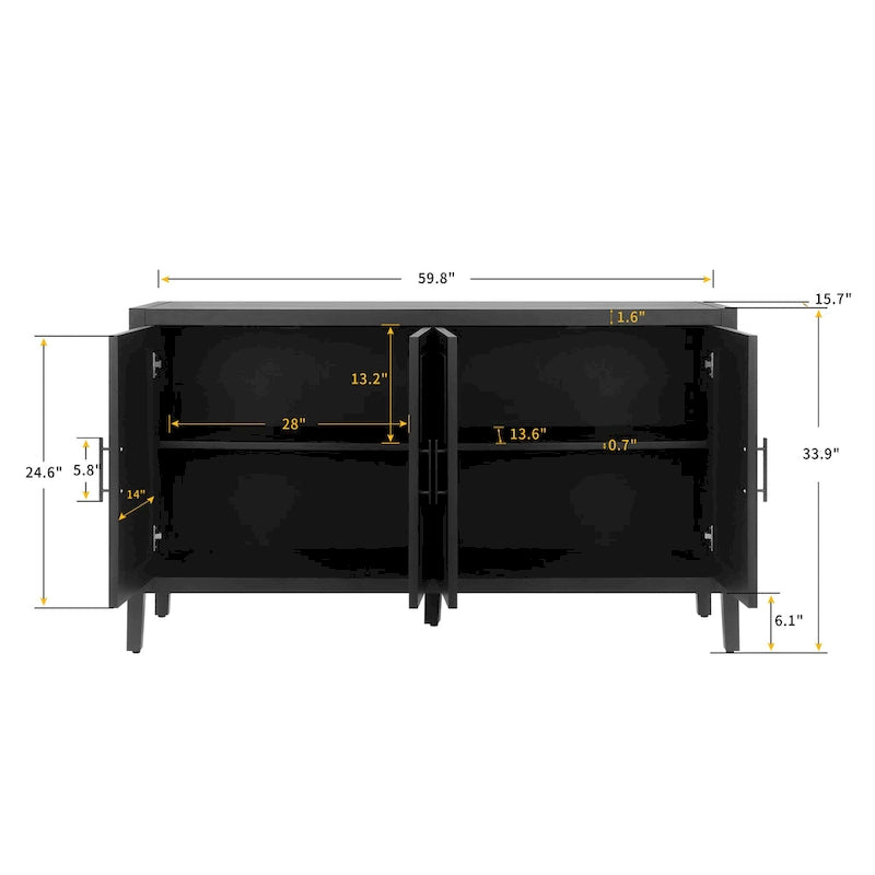 Sideboard mit 4 Türen, Buffet-Schrank, Paneelen mit Rauten-X-Muster, verkohltem Tannenholz und Wachsfinish